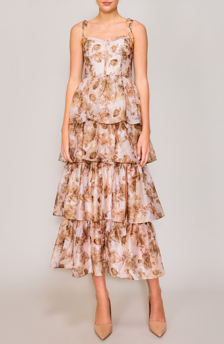 MELLODAY Floral Tiered Corset Cocktail Dress, Main, color, Taupe Print