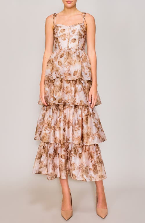 Melloday Floral Tiered Corset Cocktail Dress In Taupe Print
