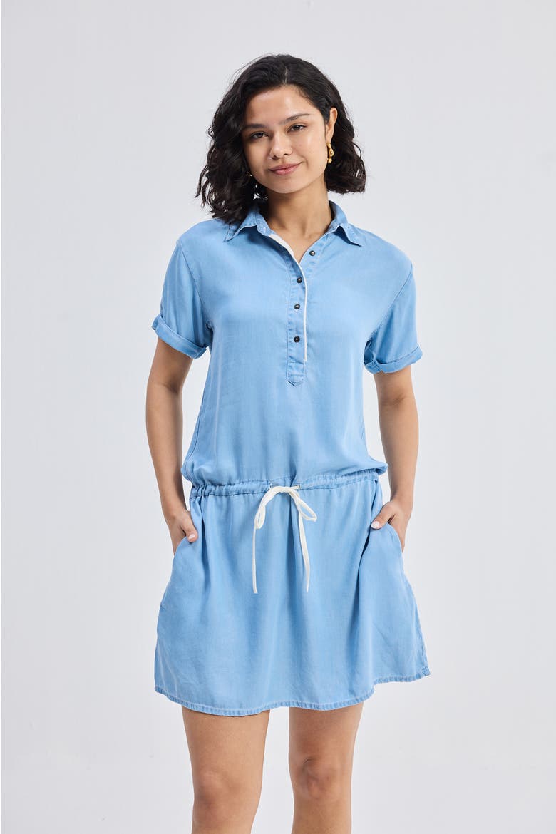 Drawstring Denim Shirt Dress with Front Buttons in Blue, Alternate, color, Ocean Blue