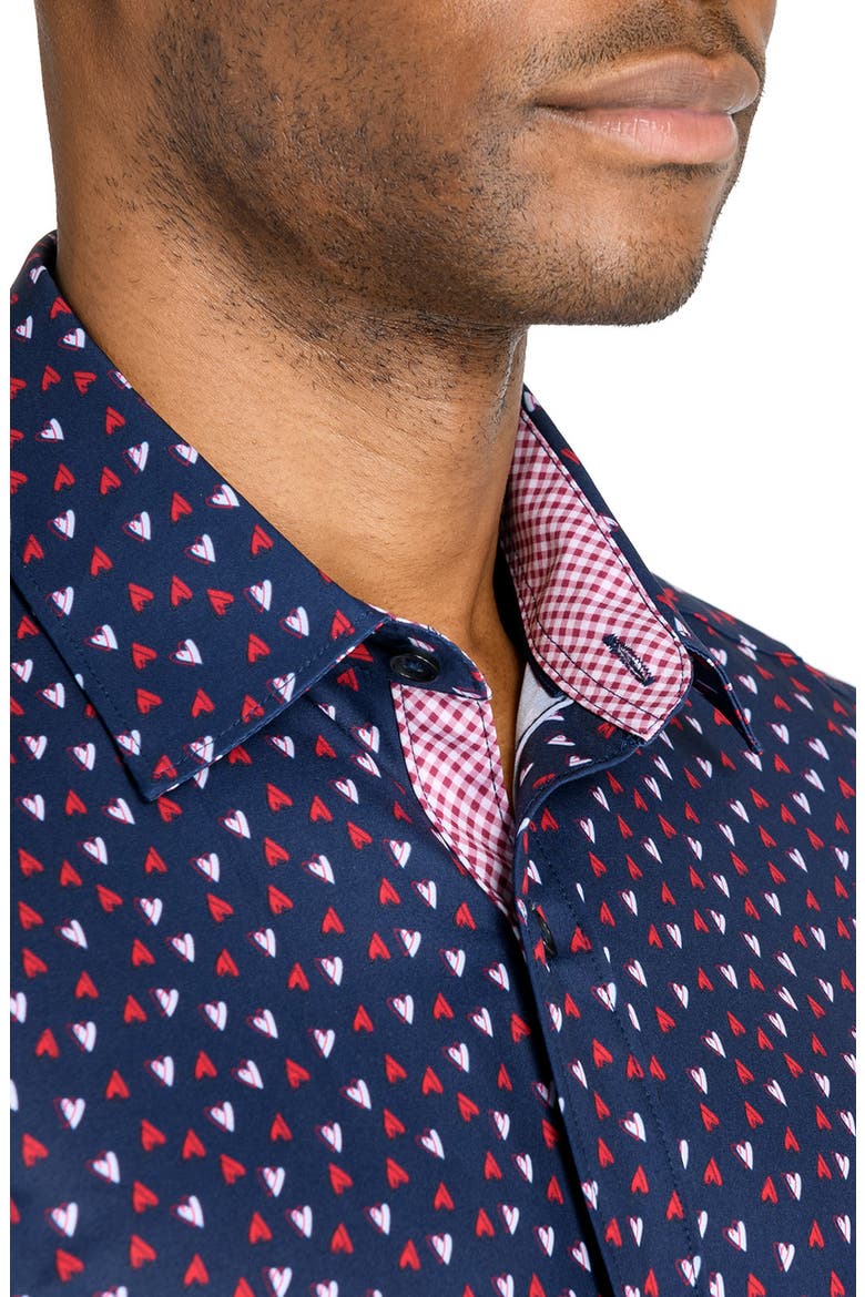 Slim Fit Mini Hearts Recycled 4-Way Stretch Performance Long Sleeve Shirt, Alternate, color, NAVY/RED