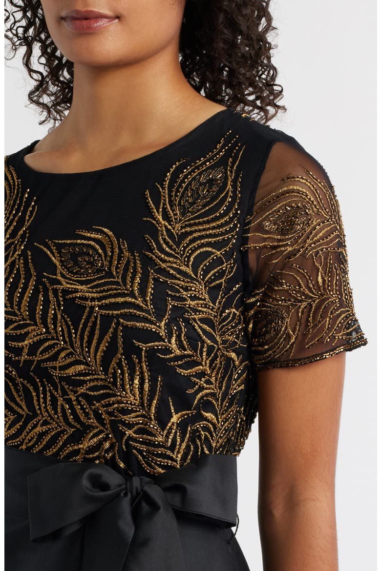 Beaded Embroidered Short Sleeve Taffeta A-Line Gown, Alternate, color, BLACK/ GOLD
