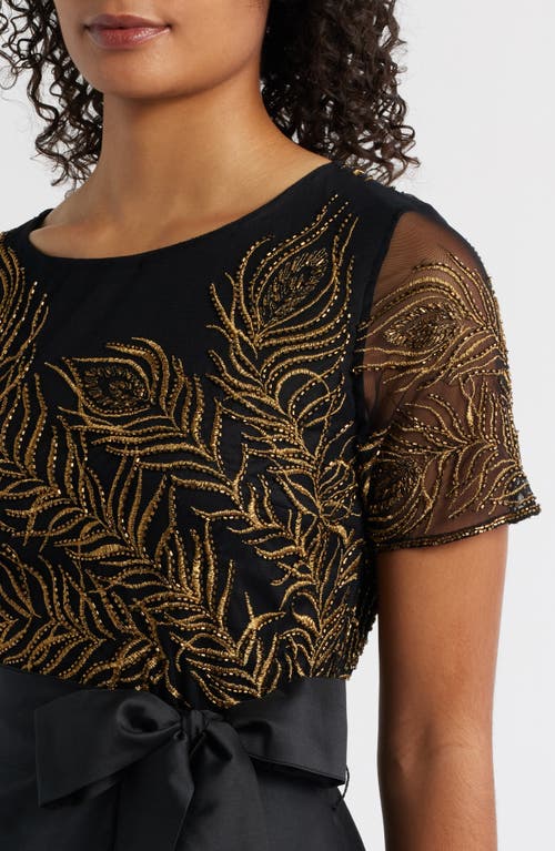 Pisarro Nights Beaded Embroidered Short Sleeve Taffeta A-line Gown In Black