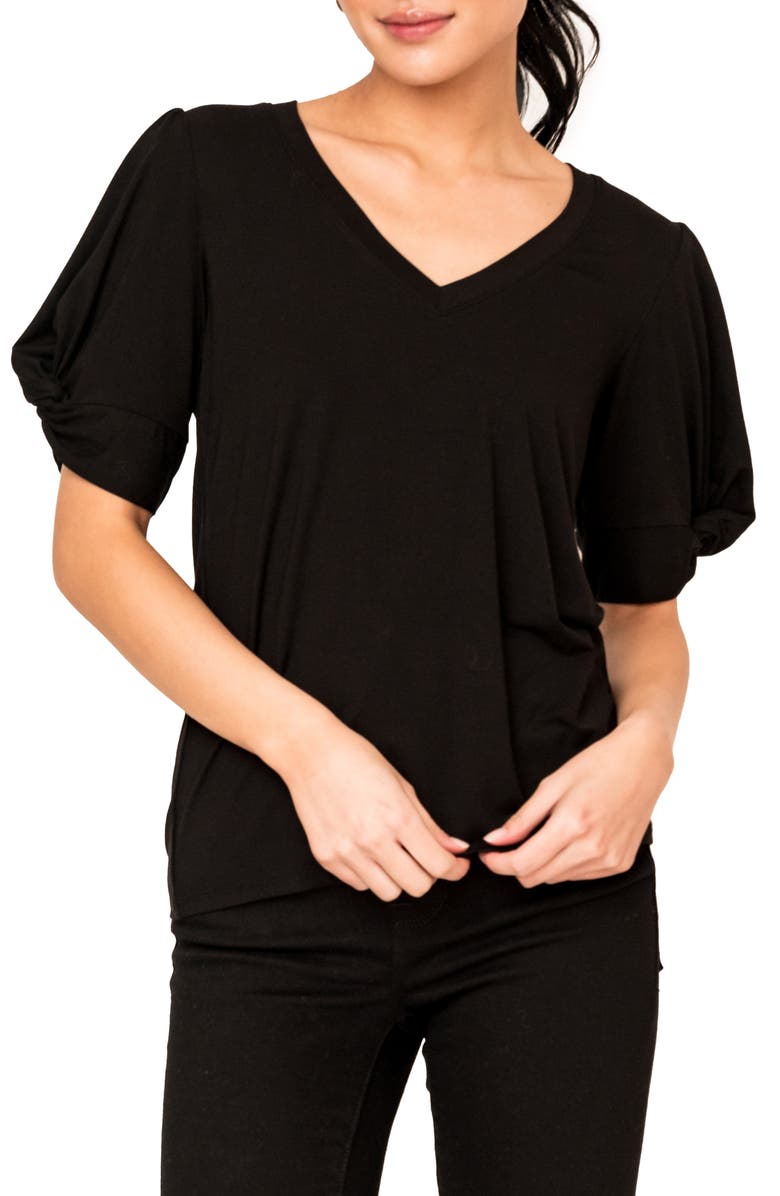 GIBSONLOOK Twist Sleeve V-Neck Top, Main, color, Black