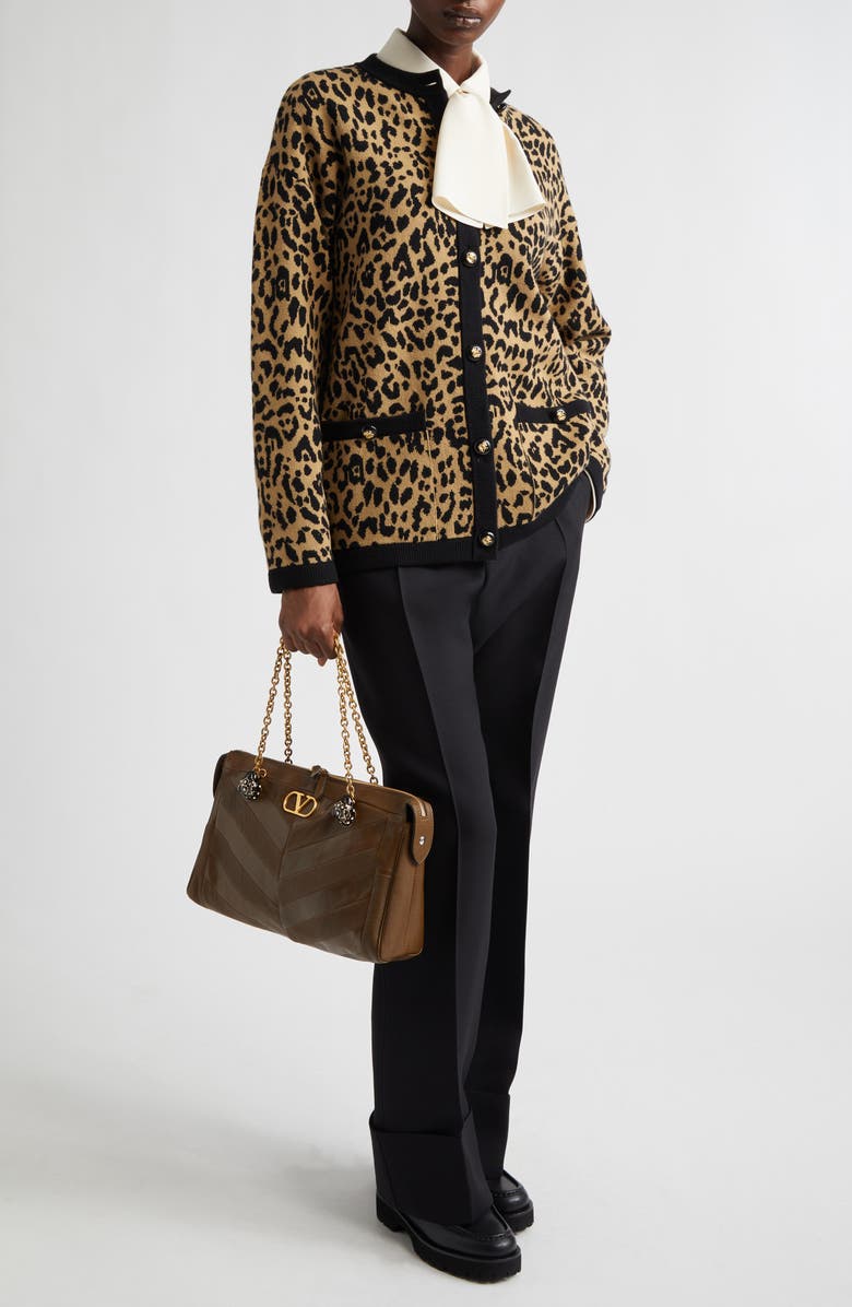 Valentino Leopard Jacquard Wool Cardigan, Alternate, color, Leopard