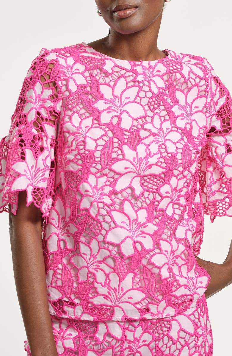 Isaac Mizrahi New York Floral Embroidered Eyelet Top, Main, color, Fuchsia