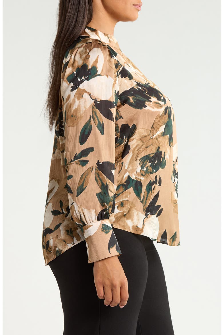 Pleated Front V-Neck Long Sleeve Top, Alternate, color, LIGHT COFFEE MULTI