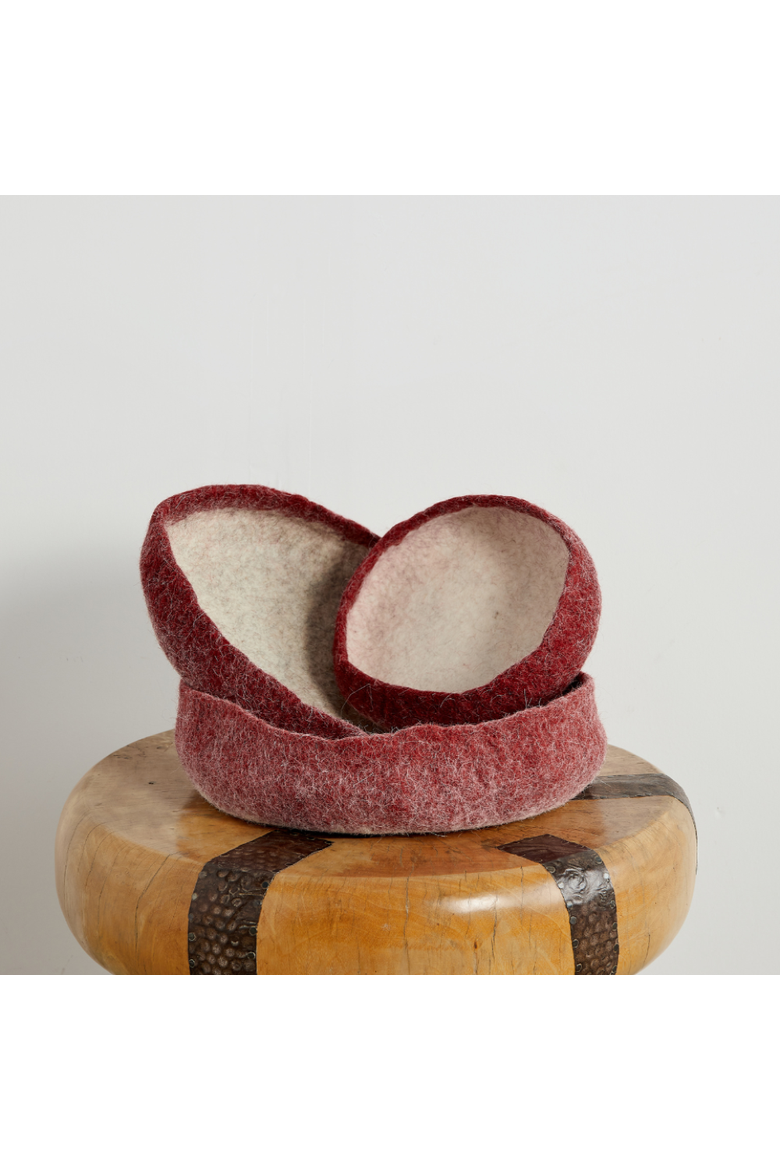 Berry Red Decorative Wool Nesting Bowl - Set of 2, Main, color, Red