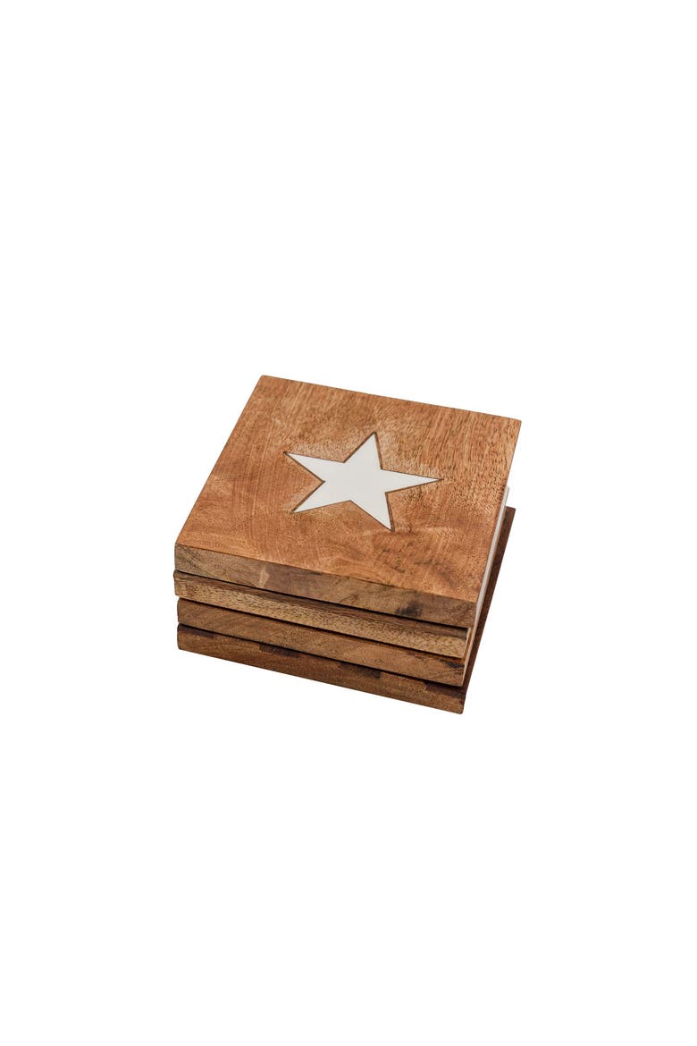 Set of 4 Stars & Stripes Coasters Mango Wood & Resin, Main, color, Brown
