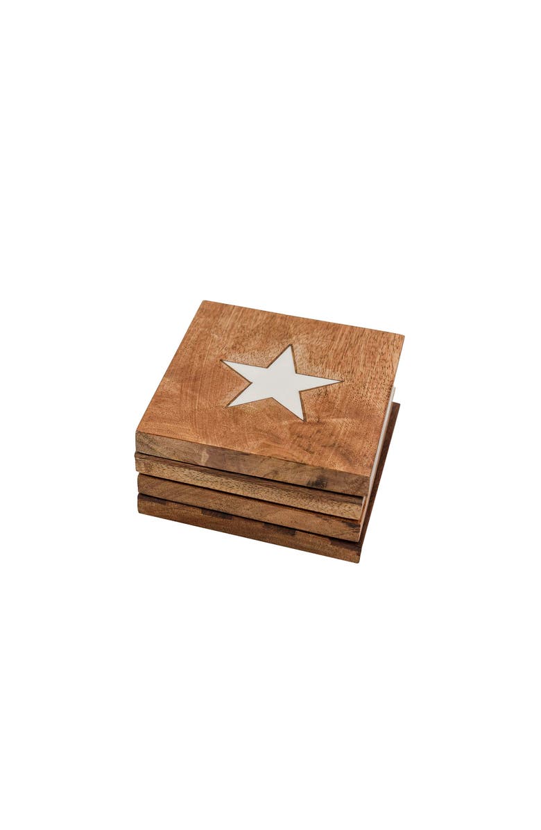Foreside Home and Garden Set of 4 Stars & Stripes Coasters Mango Wood & Resin, Main, color, Brown