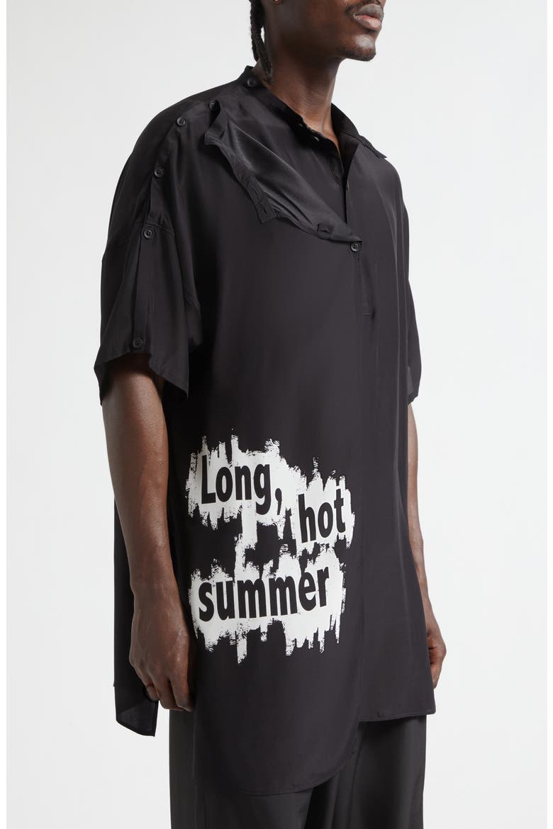 Double Covered Short Sleeve Silk Graphic Button-Up Shirt, Alternate, color, BLACK