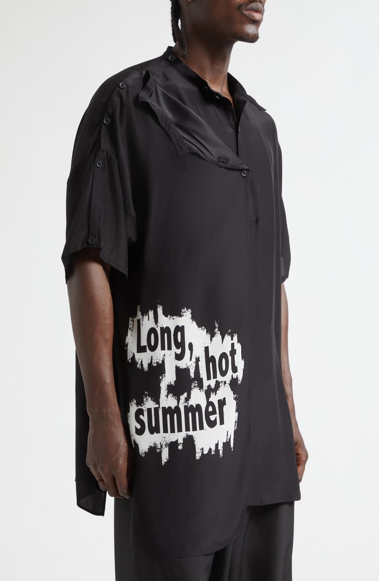 Yohji Yamamoto Double Covered Short Sleeve Silk Graphic Button-Up Shirt, Alternate, color, Black
