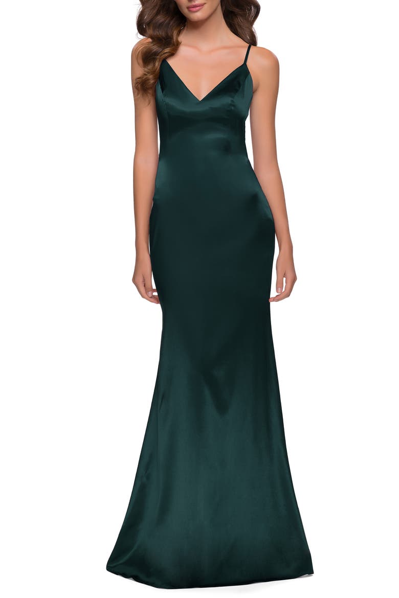Stretch Satin Trumpet Gown, Main, color, DARK EMERALD
