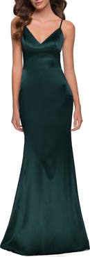 La Femme Stretch Satin Trumpet Gown