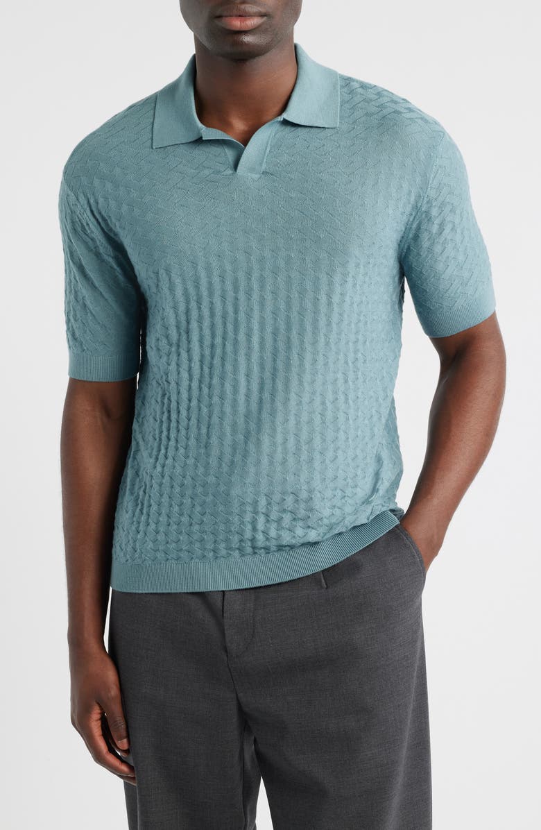 Emporio Armani Basket-Weave Stitch Johnny Collar Virgin Wool Polo Sweater, Main, color, Teal