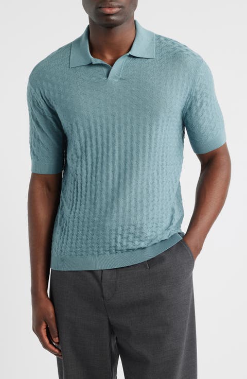 Basket-Weave Stitch Johnny Collar Virgin Wool Polo Sweater