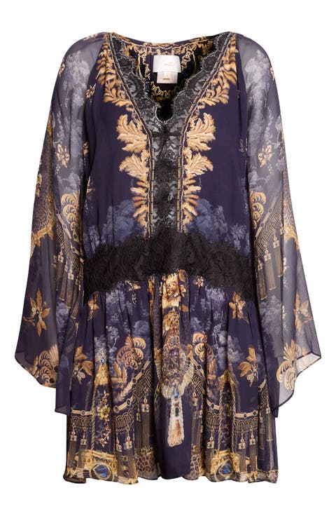 Relaxed Lace Trim Silk Minidress