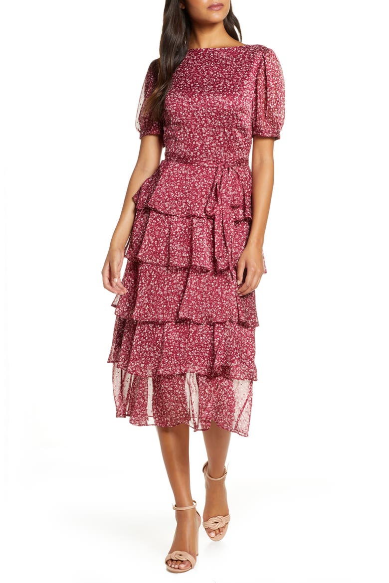 Floral Tiered Chiffon Dress, Alternate, color, BURGUNDY BEET LISBETH FLORAL