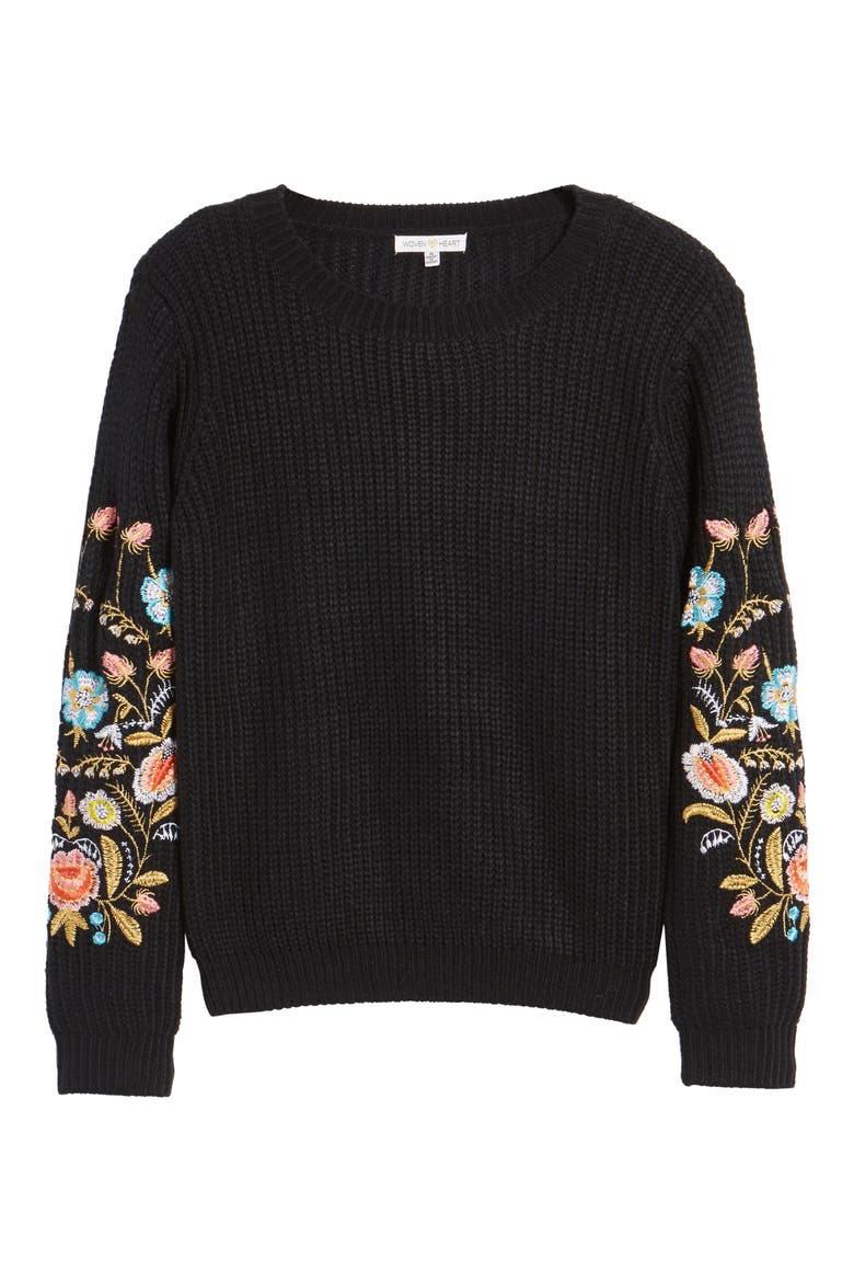 Embroidered Waffle Stitch Sweater, Alternate, color, BLACK