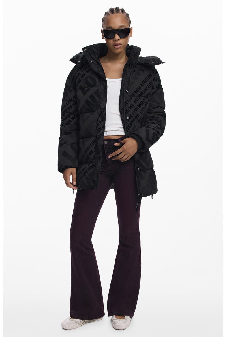 Flocked Print Quilted Puffer Jacket with Removable Hood, Alternate, color, BLACK