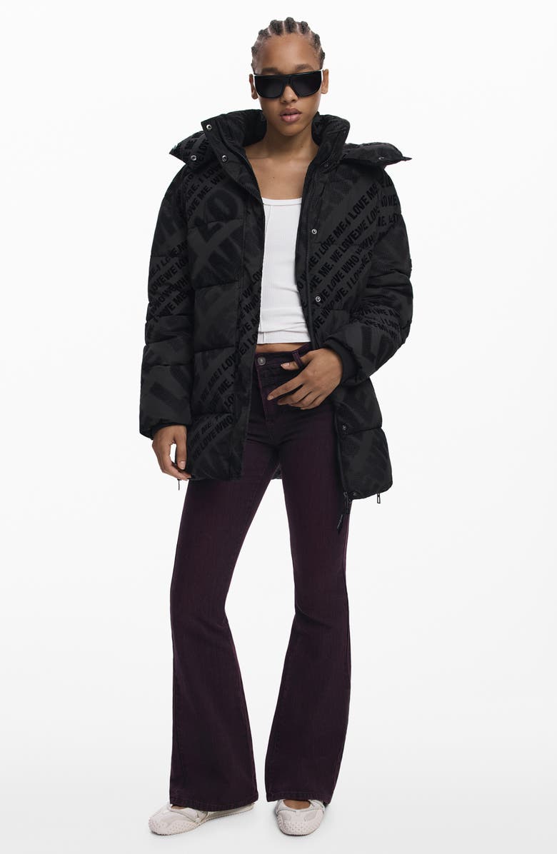Desigual Flocked Print Quilted Puffer Jacket with Removable Hood, Alternate, color, Black