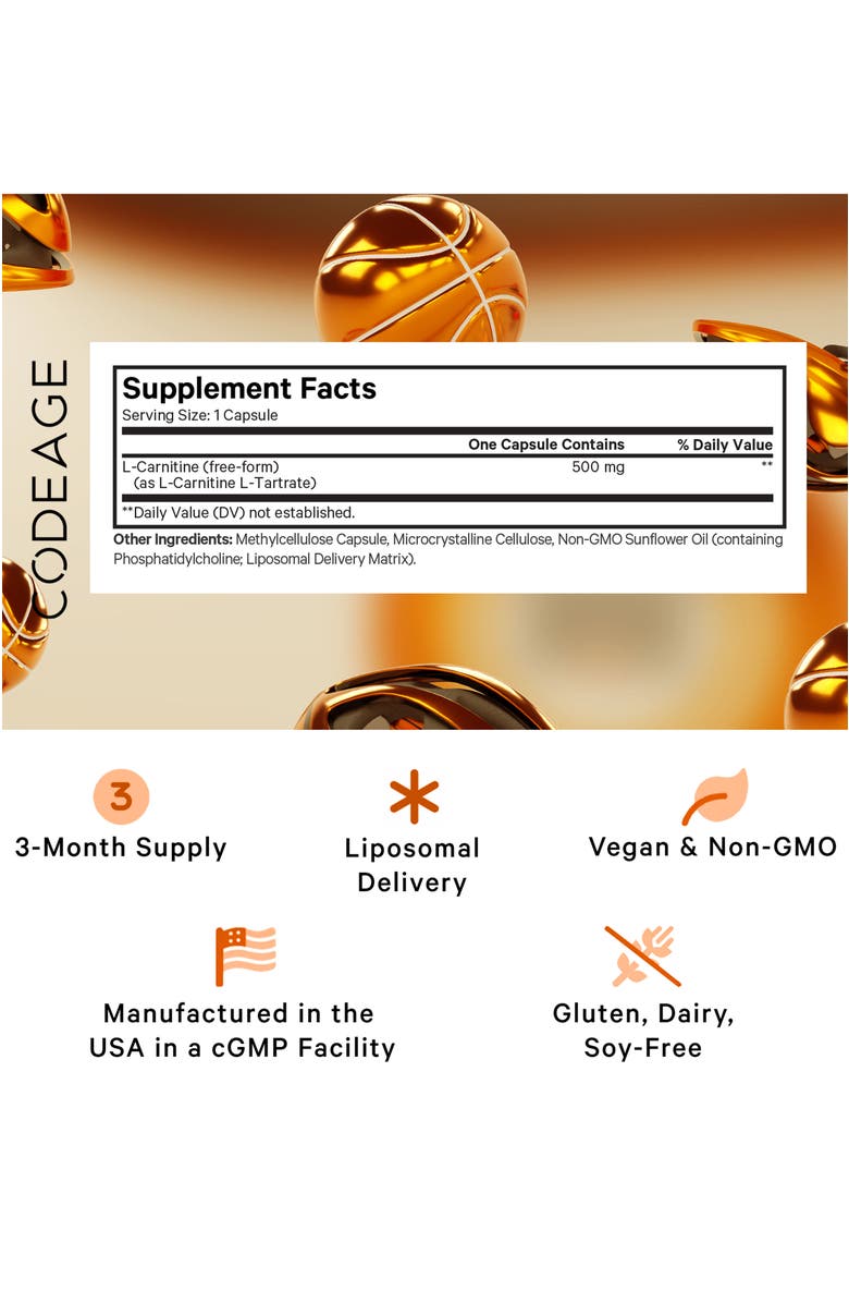 Codeage Liposomal L-Carnitine 500mg Supplement, Alternate, color, White
