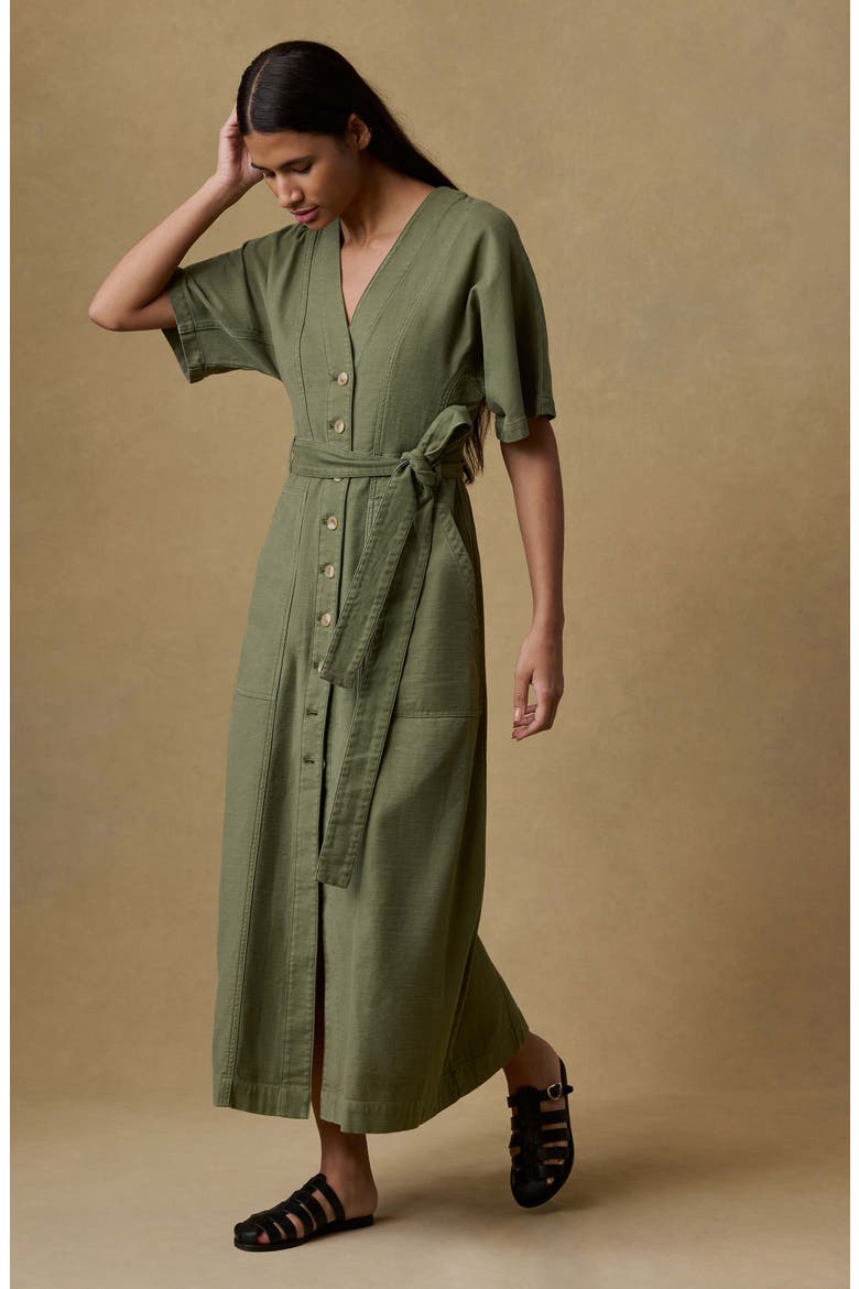 Camille Button Front Organic Stretch Cotton Midi Dress, Alternate, color, MOSS