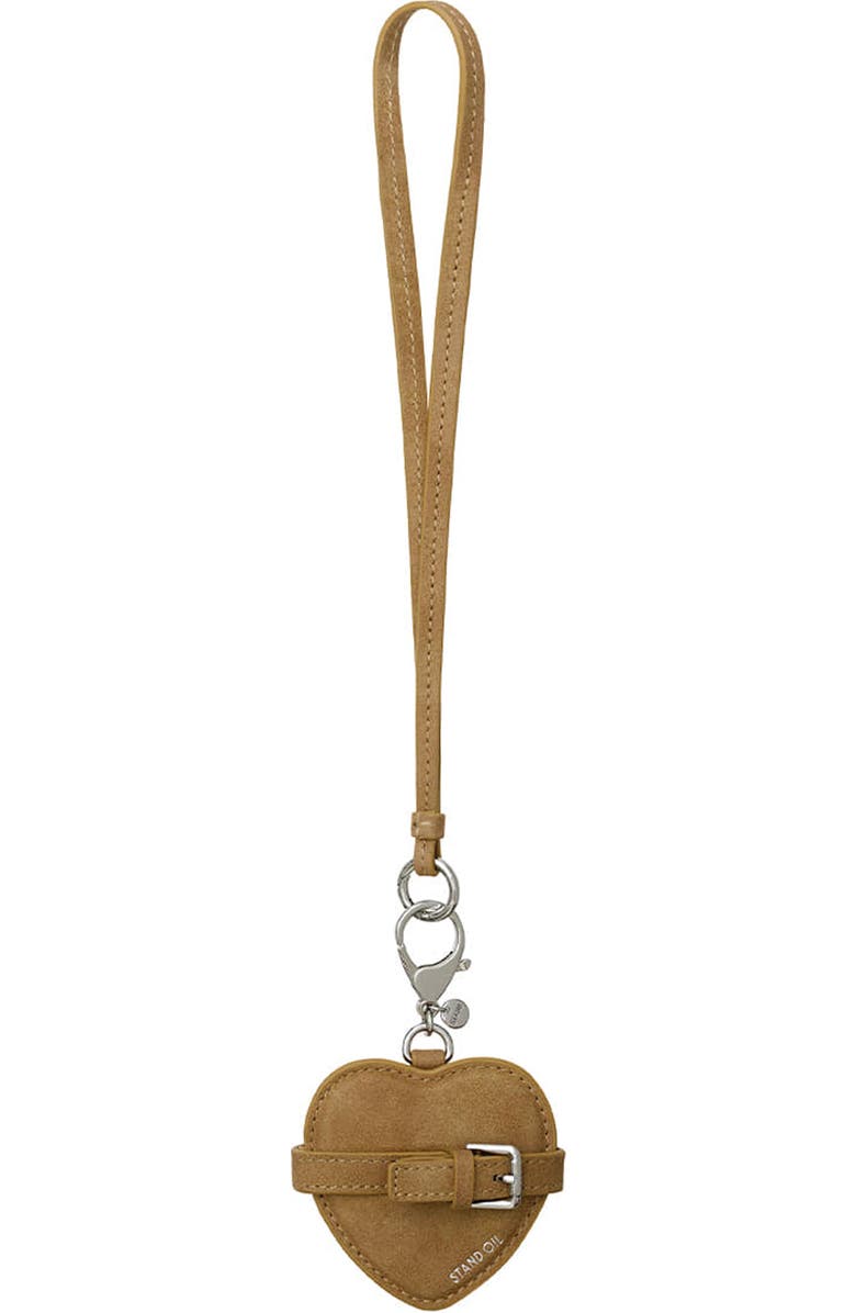 Stand Oil Belted Heart Mirror Faux Leather Key Ring Bag Charm, Main, color, Camel