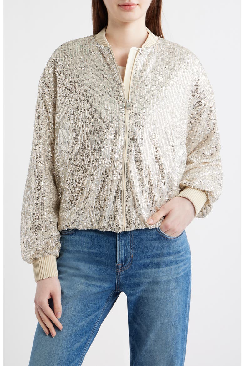 Jilloi Sequin Bomber Jacket, Main, color, OPEN BEIGE