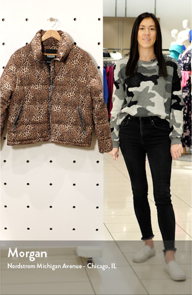 Jordan Water Resistant Leopard Print Puffer Jacket, sales video thumbnail