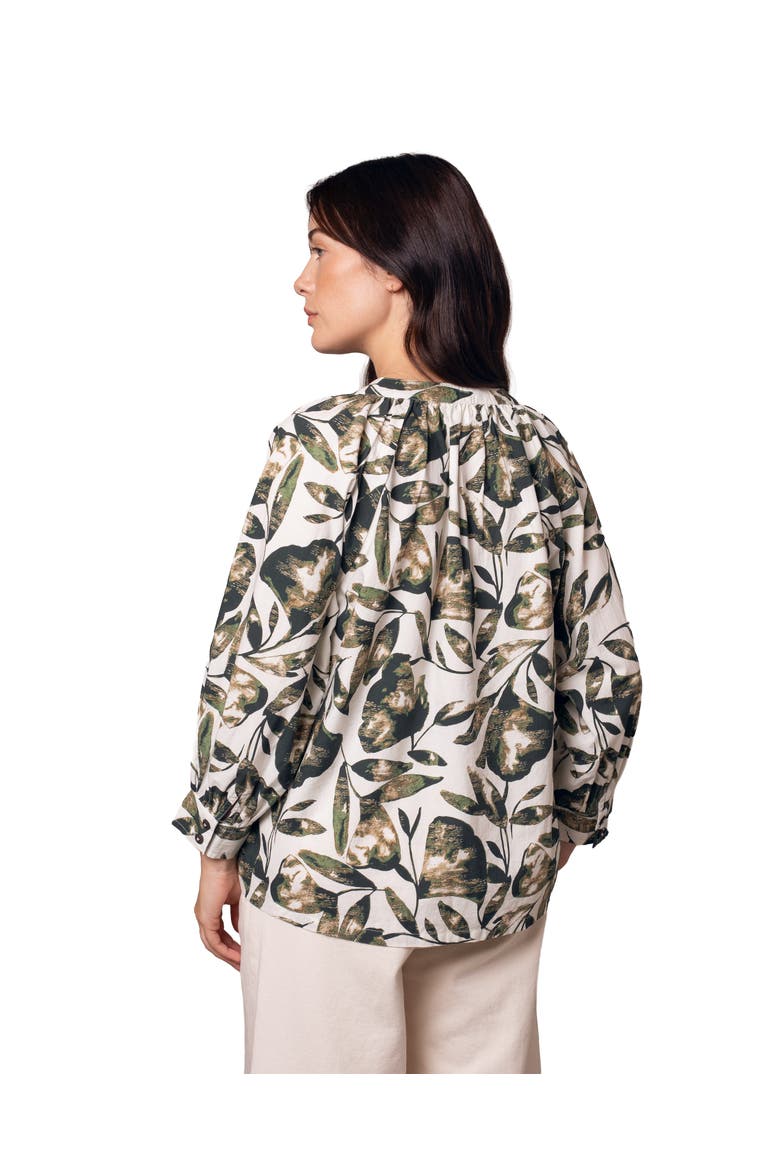 Relaxed Cotton Printed V-Neck Blouse, Alternate, color, Chalk / Khaki Leaf
