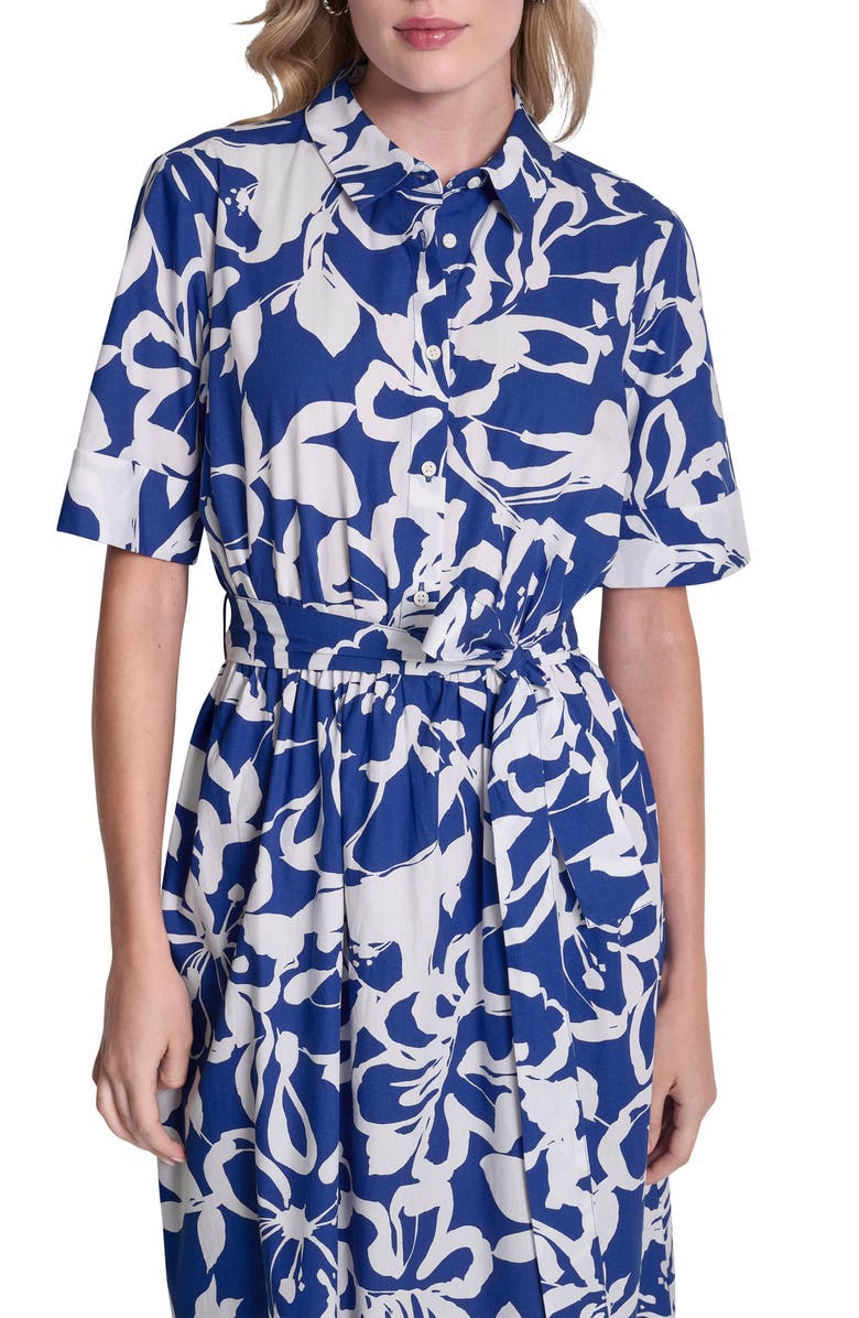 DKNY Floral Elbow Sleeve Cotton Midi Shirtdress, Alternate, color, Avp:atlntc Bl/Ivory