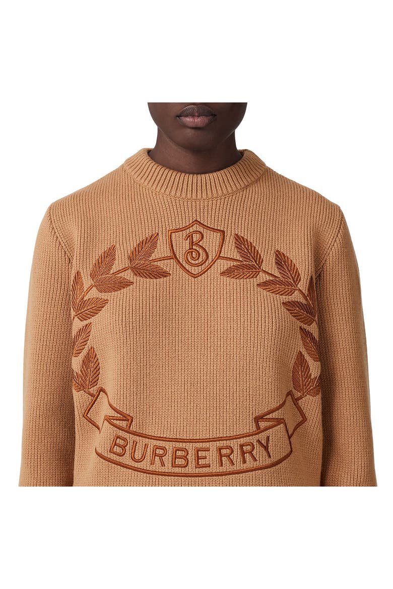 Women's Embroidered Crest Wool & Cashmere Sweater, Alternate, color, WARM FAWN