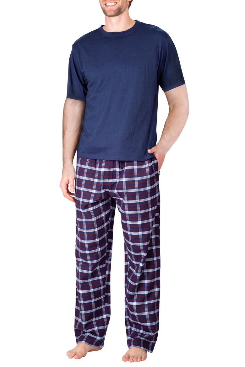 Knit Brushed Grid Flannel Pajamas, Main, color, NAVY PLAID