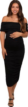 PinkBlush Off Shoulder Ruched Midi Dress