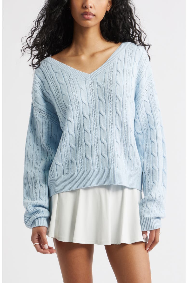 Bow Back Cable Knit Sweater, Main, color, BLUE- IVORY SATIN BOW