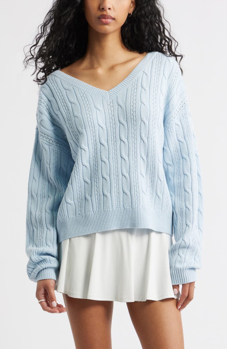 BP. Bow Back Cable Knit Sweater, Main, color, Blue- Ivory Satin Bow