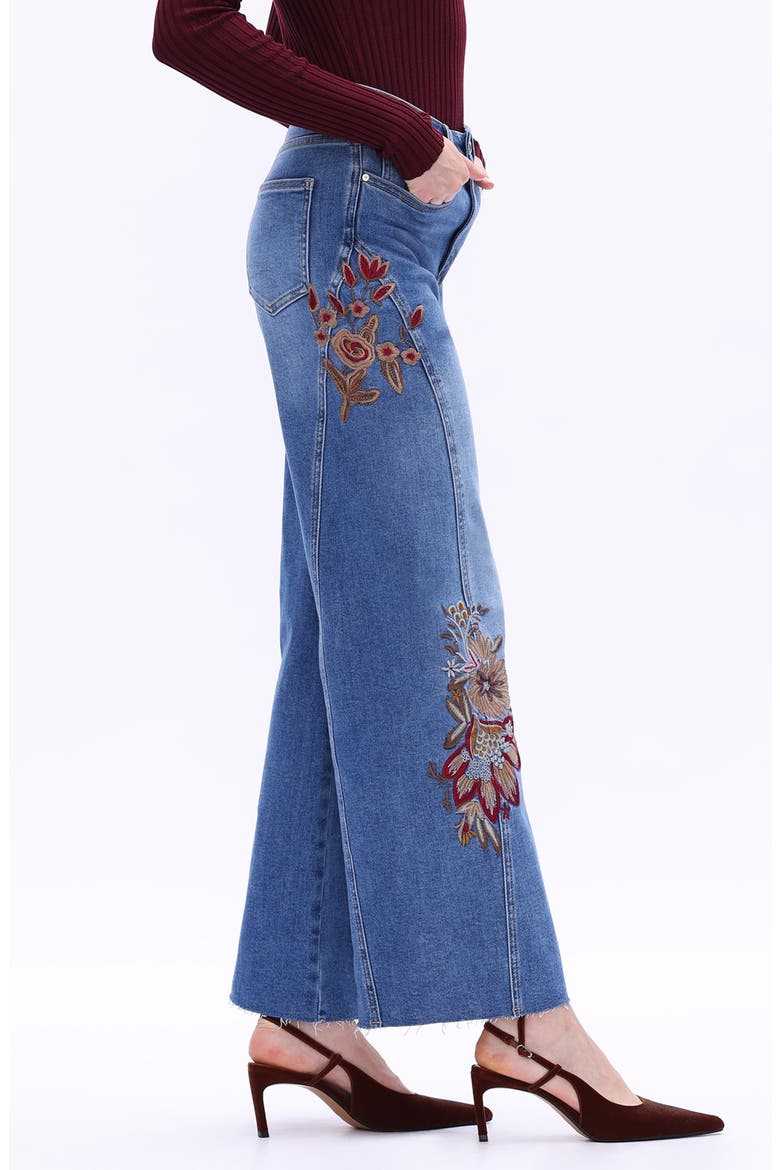 Floral Embroidered High Waist Wide Leg Jeans, Alternate, color, MEDIUM BLUE