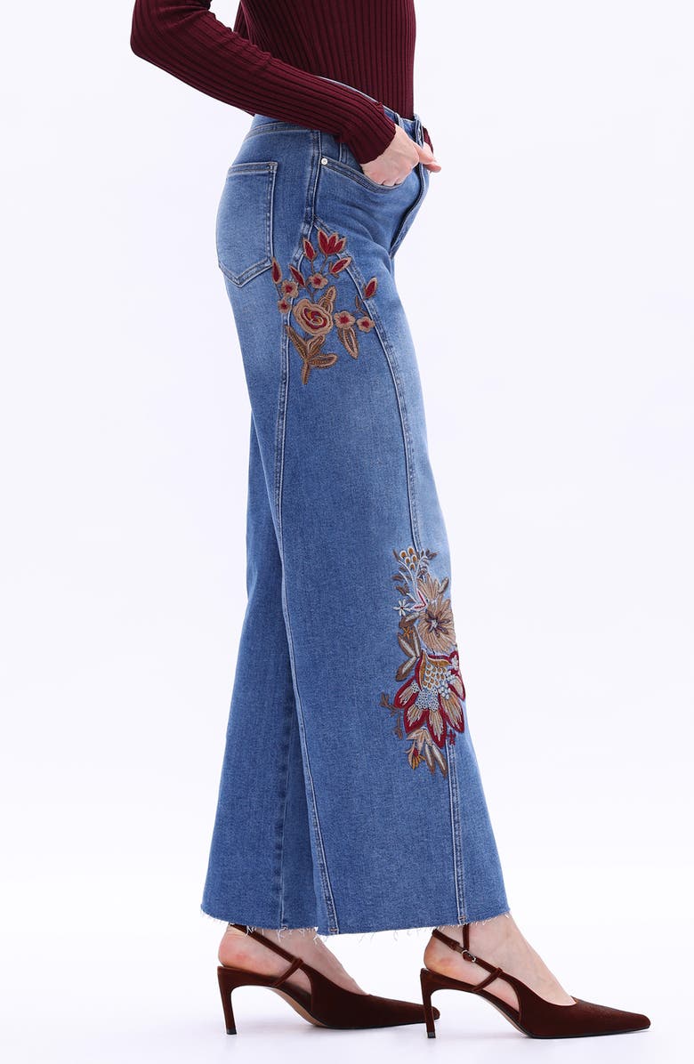 Bayeas Floral Embroidered High Waist Wide Leg Jeans, Alternate, color, Medium Blue