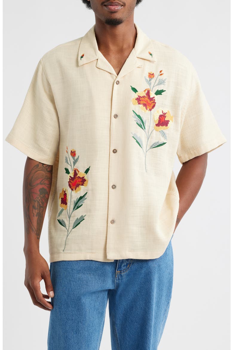 Oversize Floral Embroidered Camp Shirt, Main, color, TAN