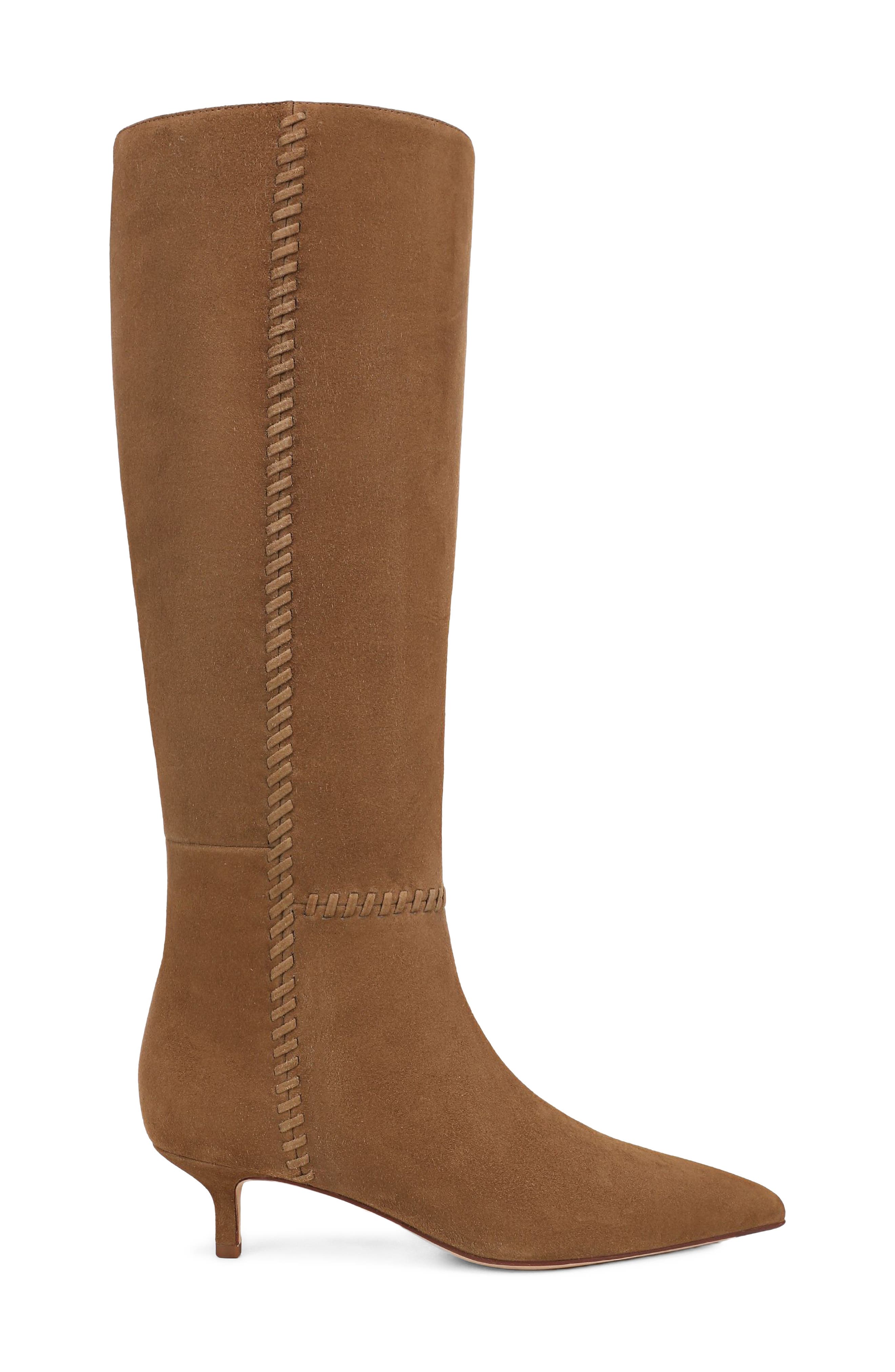 Lisa Whipstitch Pointed Toe Kitten Heel Knee High Boot, Alternate, color, CHESTNUT SUEDE
