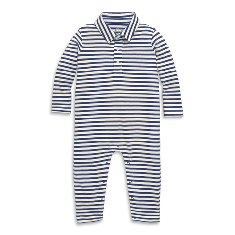 Baby Long Sleeve Polo Romper In Mini Stripe