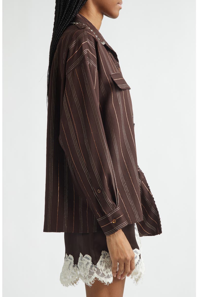 Monina Metallic Stripe Button-Up Shirt with Removable Crossbody Pouch, Alternate, color, DARK BROWN