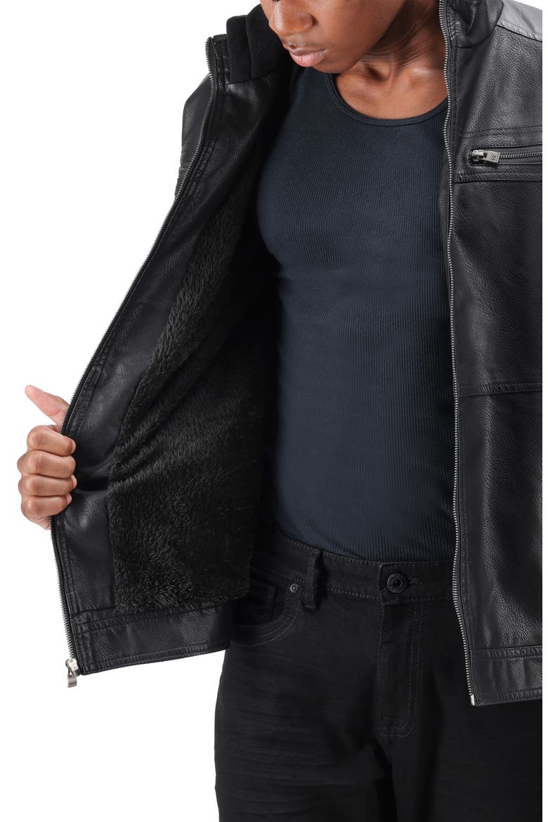 Faux Leather Hooded Moto Jacket, Alternate, color, BLACK/ GREY