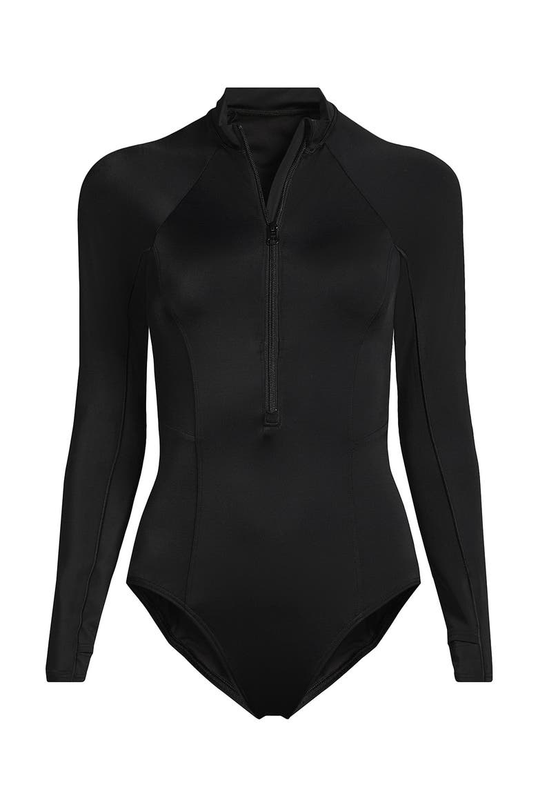 Chlorine Resistant Zip Front Long Sleeve Tugless Sporty One Piece Swimsuit, Alternate, color, Black