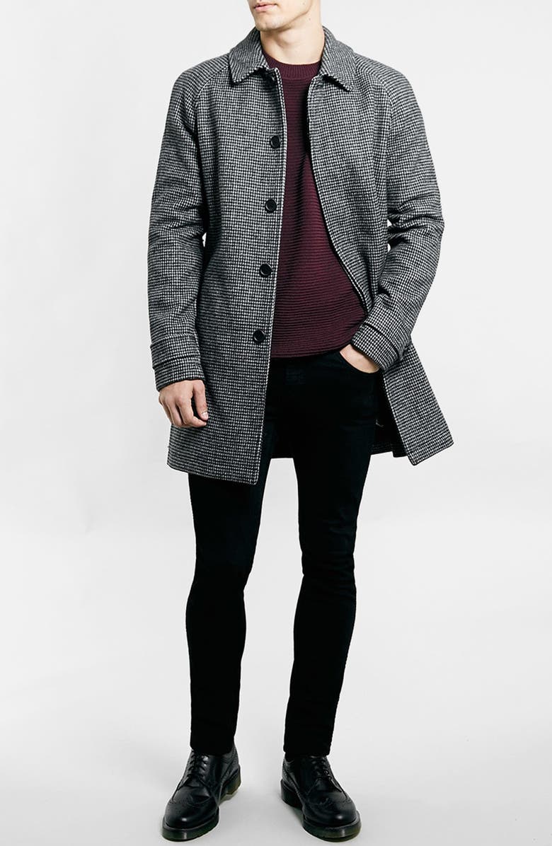 Topman Houndstooth Wool Blend Mac Coat, Alternate, color,