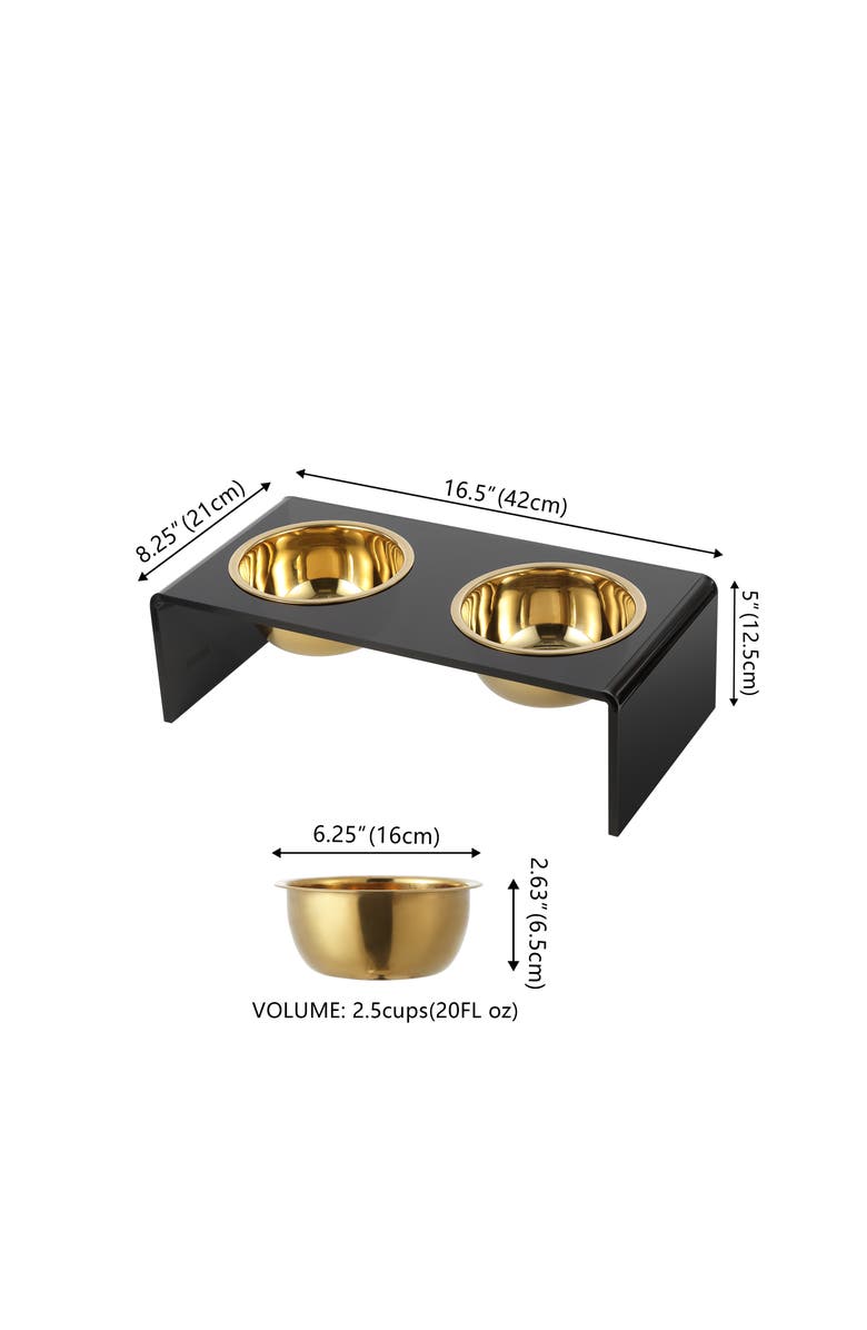 The Licker Store Keaton Modern Lucite Rectangular Elevated Pet Feeder with 2-Stainless Steel Bowls, Alternate, color, Black/Gold