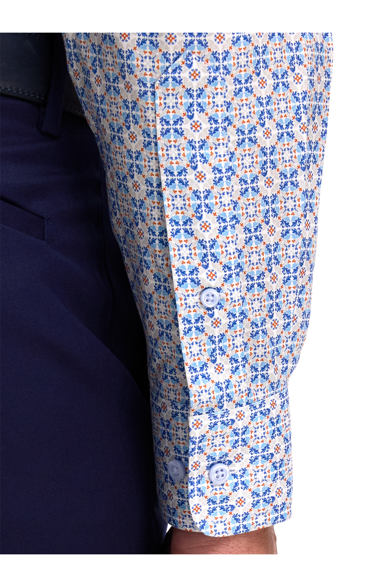 Cotton Spandex Buttondown Collar Pinpoint Classic Contrast Trim Button Cuff Long Sleeve, Alternate, color, Blue Multi