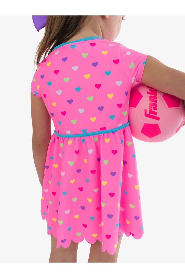 UPF50+ Active Short Sleeve Bow Dress & Bike Short Set, Alternate, color, Neon Pink Colorful Hearts