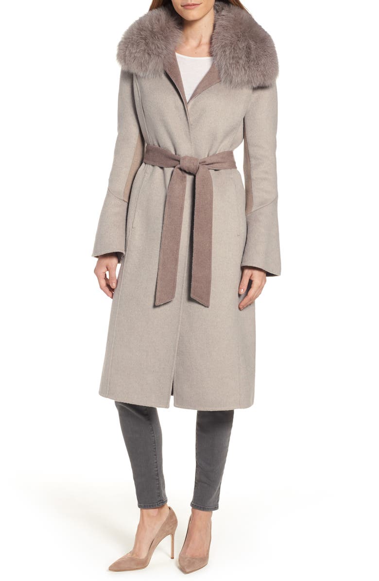 Elie Tahari Annabelle Genuine Fox Fur Trim Double Face Long Wrap Coat, Main, color, 