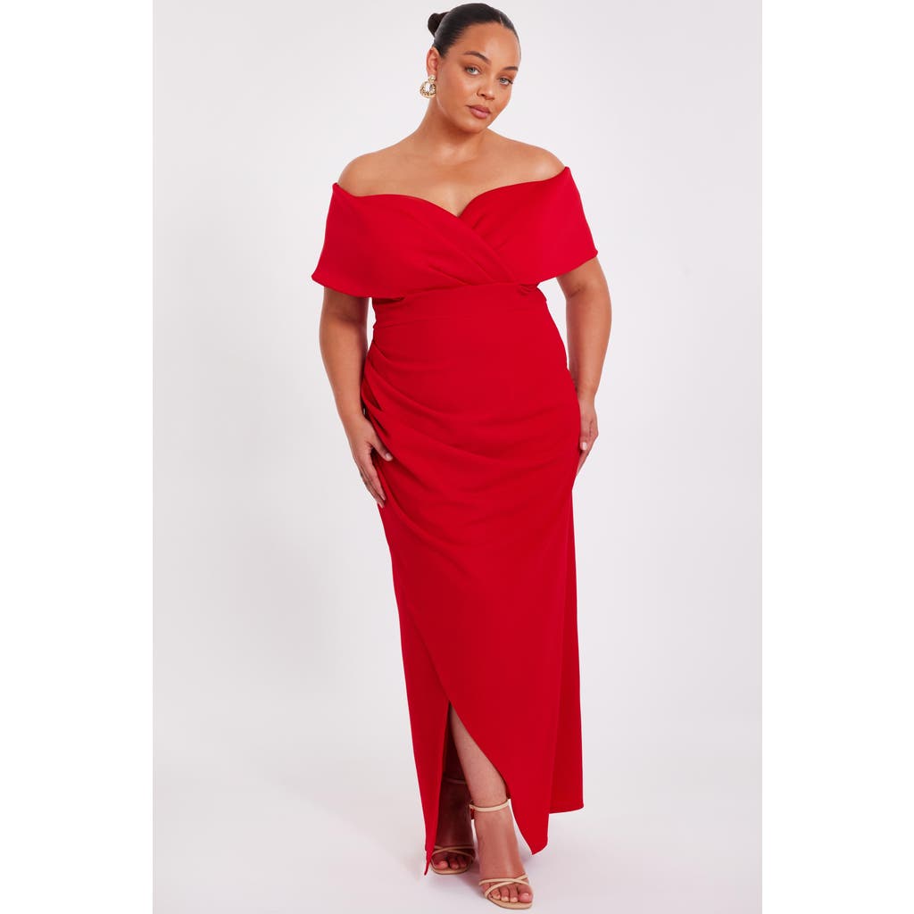 Quiz Plus Size Scuba Crepe Bardot Wrap Maxi Dress In Red